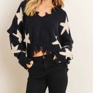 Navy Blue distressed sweater with jumbo stars!